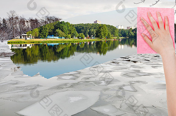 季节概念-从图像中用粉色布料手动删除冬季河流中的浮冰，夏季河流正在出现