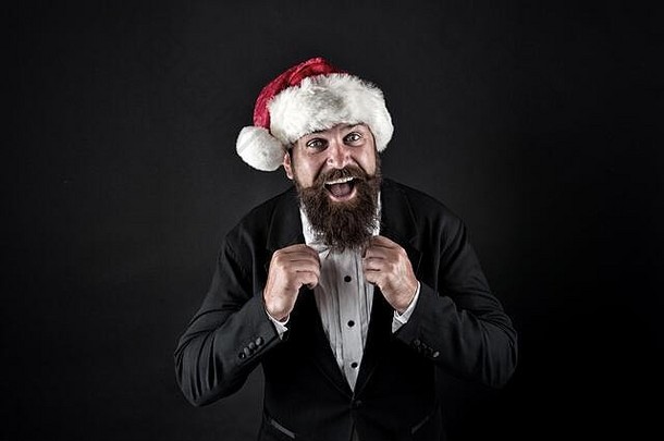 领带圣诞节风格有胡子的男人。修复弓领带快乐圣诞老人穿优雅的正式的风格圣诞节风格时尚趋势假期聚会，派对风格节日别致的古董过滤器