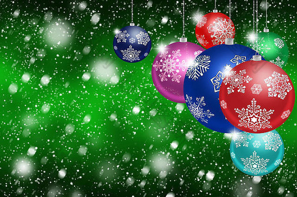 抽象绿色背景上的雪花圣诞玩具-插图