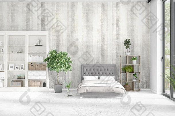 场景品牌室内时尚白色架现代床上呈现水平安排