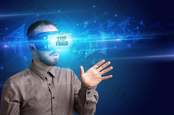 商人虚拟现实眼镜停止欺诈登记网络安全概念