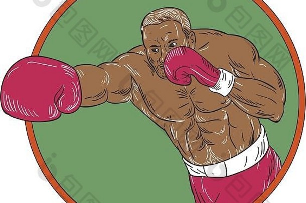 一个非洲裔美国拳击手在孤立背景上的圆圈内打右勾拳的素描式插图。