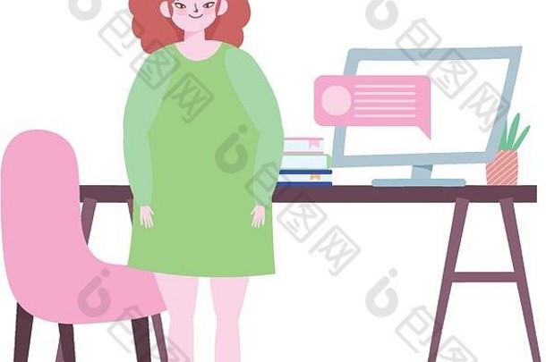 远程工作，妇女站立室，带电脑桌书籍植物病媒插图