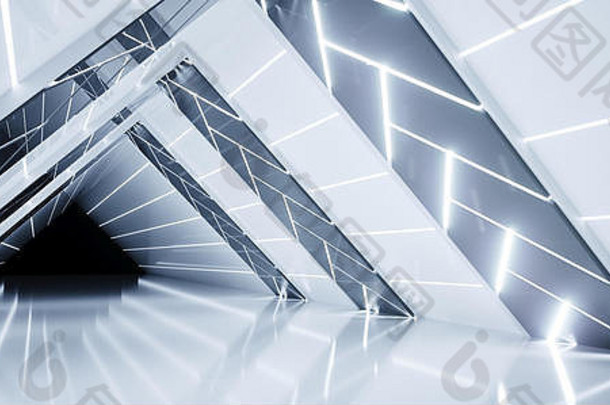 未来主义的科幻室内船空三角形形状的多个点燃走廊反光表面白色领导条纹黑色的结束渠
