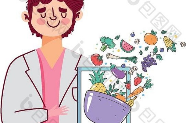 营养师医生新鲜市场智能手机提供蔬菜和水果，有机健康食品载体插图