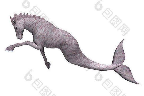 在白色背景上分离海马体（美人鱼的马）的3D数字渲染