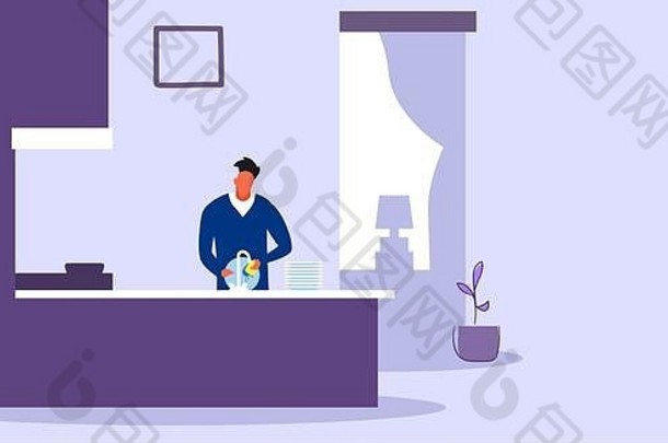 男人。洗菜年轻的的家伙做家务洗碗管家概念现代首页公寓厨房室内水平肖像