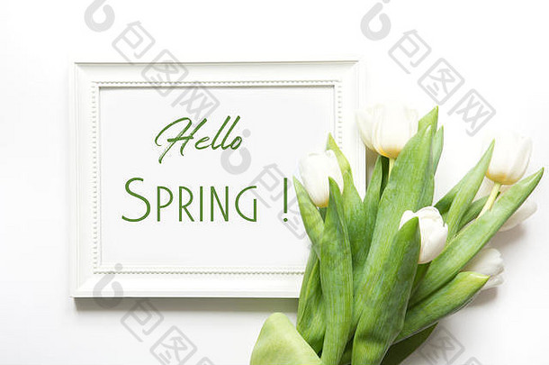 文本框和白色郁金香框。用短语“你好，春<strong>天</strong>”的俯视图。