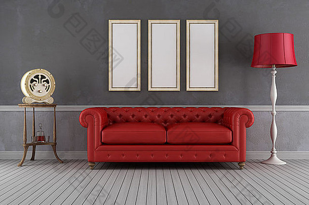 老式客厅，配有红色沙发和老式收音机