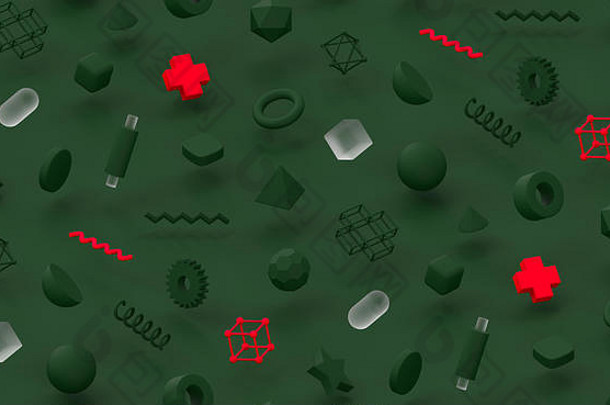 无缝的渲染绿色红色的设计纹理现代封面孟菲斯背景几何对象作文