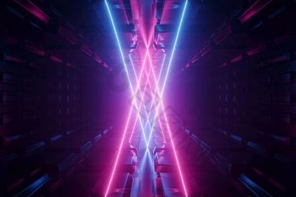 sci未来主义的金属反光示意图变形主板地板上现实的现代霓虹灯发光的激光三角形弧梁紫色的蓝色的电