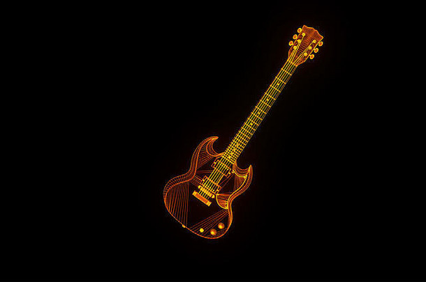 全息线框风格的3D吉他。漂亮的3D渲染。