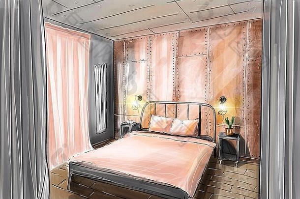 手画草图卧室阁楼风格粉红色的窗帘床上墙使库珀