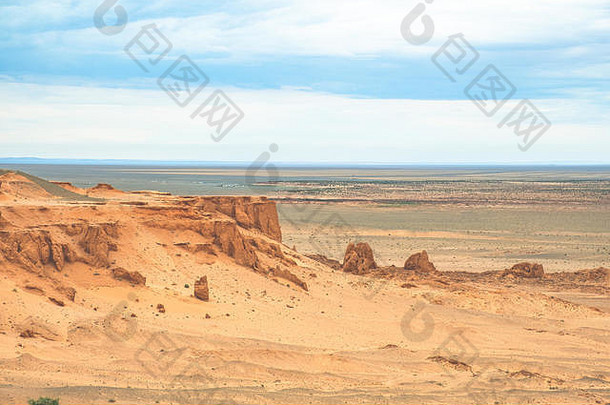 部分燃烧的悬崖巴彦扎格巨大的砂岩考古网站恐龙化石<strong>戈壁沙漠</strong>