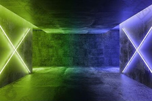 现代未来主义科幻概念俱乐部背景Grunge混凝土空暗室，霓虹灯闪烁绿色Pantone经典蓝色霓虹灯3D渲染