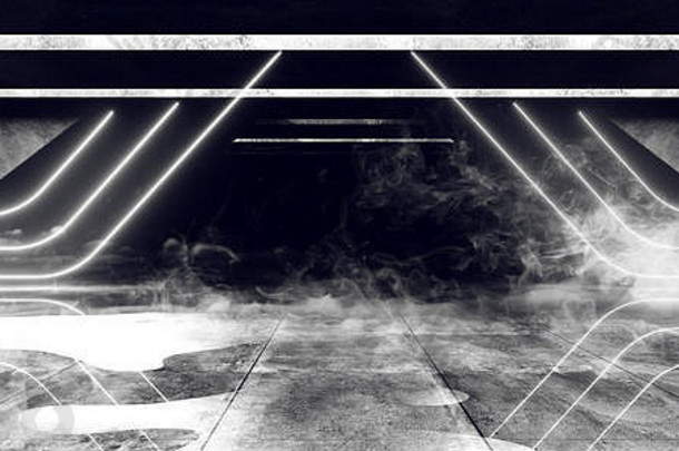 烟雾外星人飞船霓虹灯发光三角形白光激光器空旷空间深色瓷砖垃圾混凝土反射隧道大厅走廊3D R