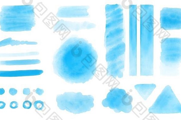 蓝色水彩画在白色背景上为装饰设计元素设置污渍、涂抹、喷溅、形状、笔触。用于社交媒体图形内容。