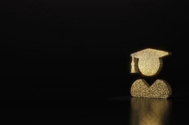 戴毕业帽的人的金色闪光符号，在黑色背景上3D渲染，模糊反射，闪烁