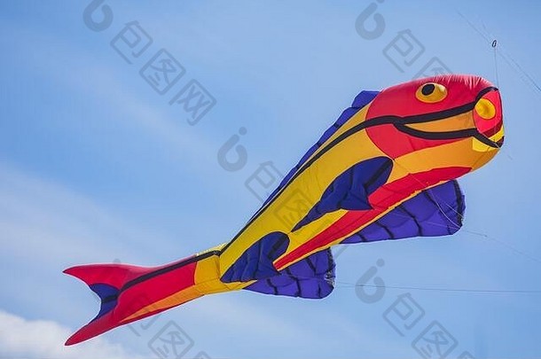 风筝节期间，许多美丽多彩的风筝在天空中飞翔