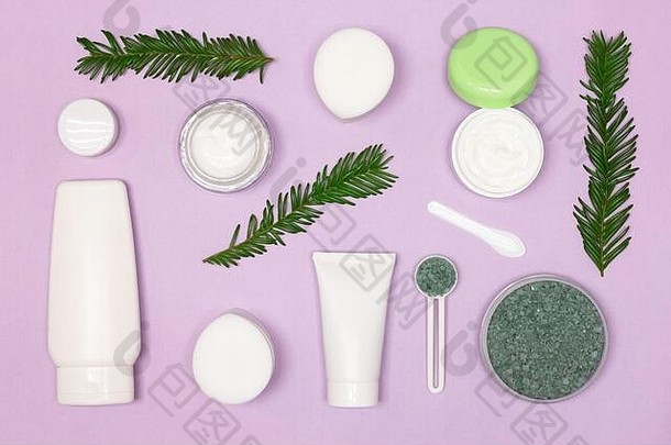 美化妆品产品绿色叶子布局有机Herbal化妆品平躺自然皮肤护理