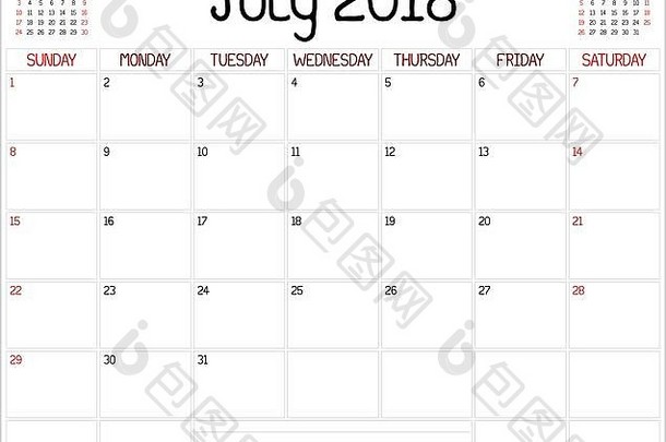 2018年7月<strong>计划表</strong>-在白色屏幕上显示2018年7月<strong>计划表</strong>月历。使用自定义手写样式。