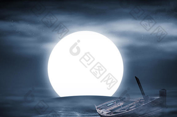 月圆之夜的沉船，幻想的概念。