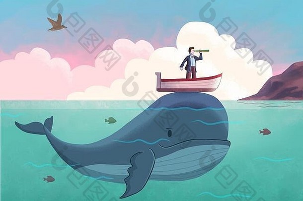 男人。船航行海前可爱的蓝色的鲸鱼数字插图