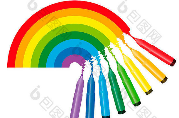 彩虹着片-八个彩色标记正在绘制彩虹的光谱颜色。