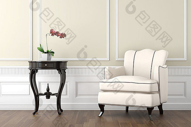 室内设计经典房间米色白色颜色沙发上表格花瓶兰花复制空间前一半
