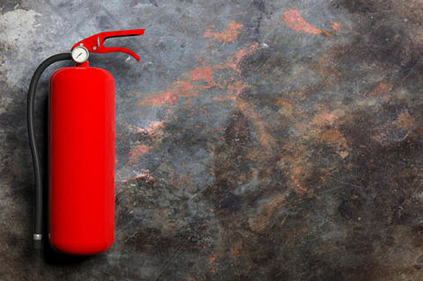 <strong>消防安全</strong>，红色灭火器隔离在金属生锈的背景上。三维插图