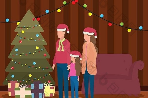 父母和女儿在客厅里用圣诞树庆祝圣诞节