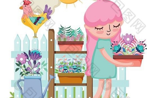 女孩在花园里用公鸡举起室内植物