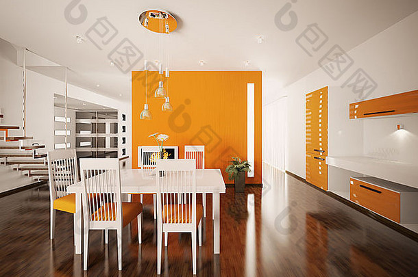 现代橙白色厨房内部3d渲染