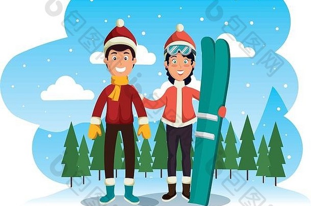 体育运动夫妇滑雪板场景