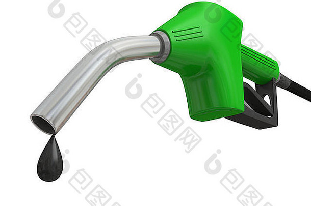绿色燃油泵喷嘴的特写插图，油滴隔离在白色背景上