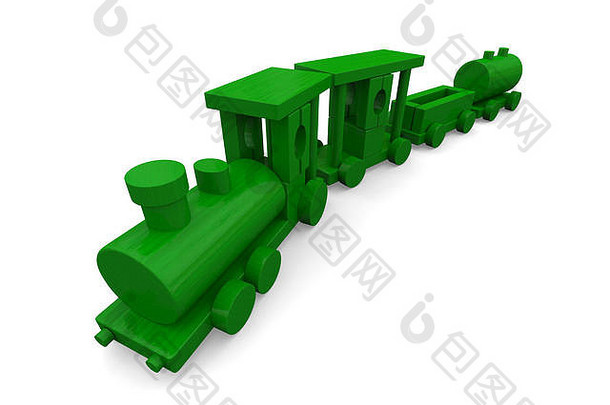 在白色背景上隔离的玩具火车的3D插图。