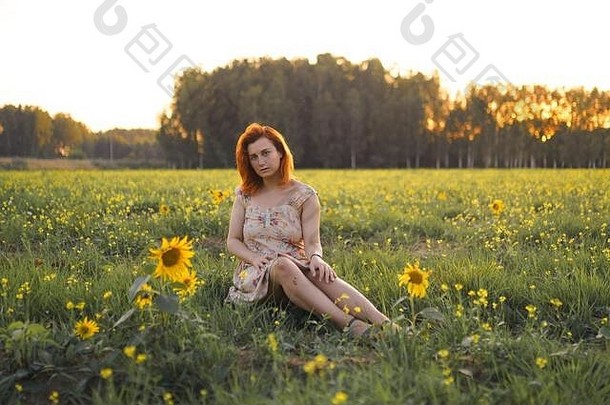 美丽的红色头发的人女人夏天短衣服金小时向日葵场东部欧洲拉脱维亚smarde