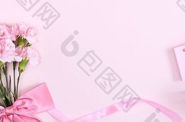 母亲的一天情人节一天背景设计概念美丽的粉红色的康乃馨花花束柔和的粉红色的表格前视图平躺复制空间