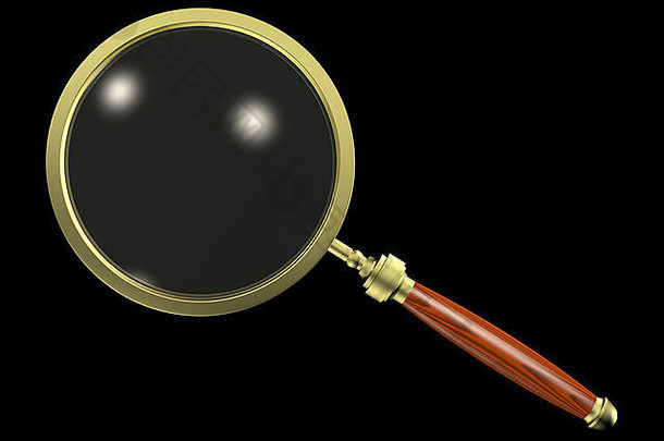 黑色背景上带木制手柄的青铜底座透镜