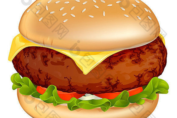 图为一个美味的经典牛肉芝士汉堡，配生菜、西红柿和洋葱