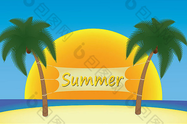 夏日的旗帜悬挂在棕榈树上的阳光插图