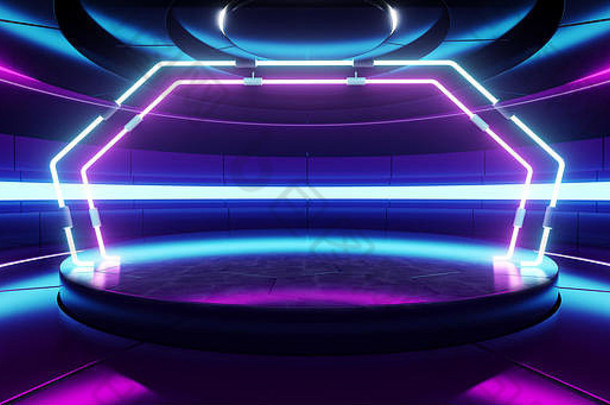 太空船背景科幻未来主义现代外星人房间大厅闪烁的蓝紫色霓虹灯荧光动感舞台光谱虚拟现实秀