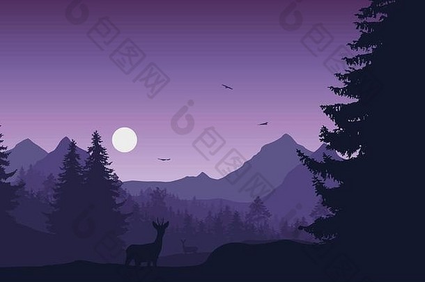 森林、鹿和母鹿的山地景观，月亮或太阳和飞鸟的夜空下——媒介
