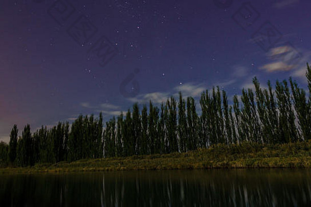 在一条河上，一排树倒映在水面上。一些星星和云彩在天空中蔚蓝的时刻。阿根廷巴塔哥尼亚