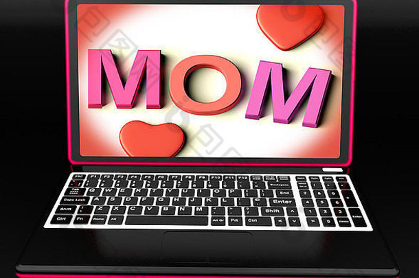 妈妈在笔记本电脑上展示数码卡或母爱