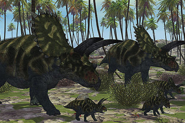 在史前时期的棕榈树中，两只母科阿乌伊拉氏恐龙护送着它们刚孵化的幼仔。