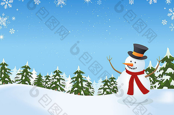 冬季风景中的雪人插图，松树、冷杉和空间为您传递信息
