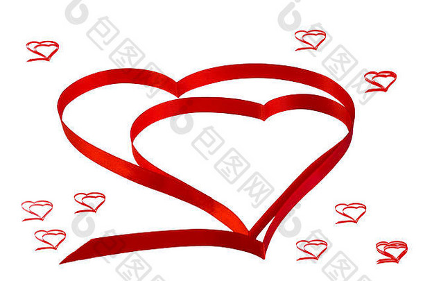 在情人节的白色背景上，用红色丝带点缀着一颗孤独的心