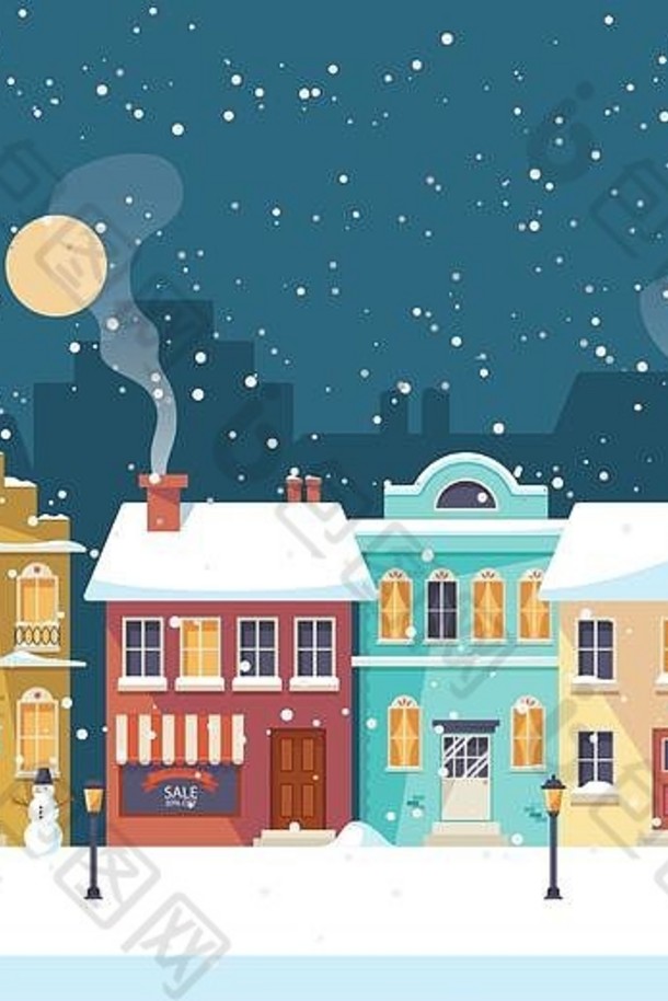 舒适小镇的雪夜圣诞贺卡