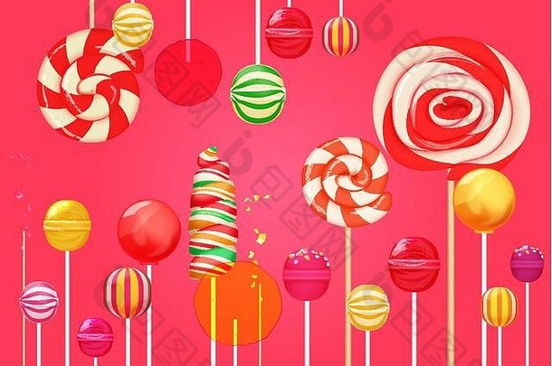 红粉糖背景，明亮多彩的棒棒糖糖果。糖果店。甜色棒棒糖